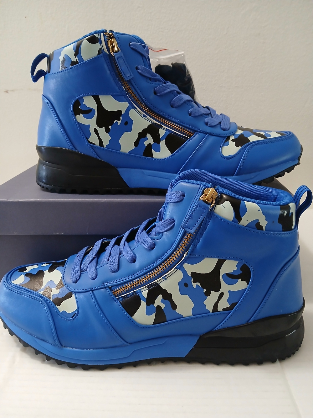 Mazino Men's Blue Camo High-Top Sneakers With Side Zip $28 New